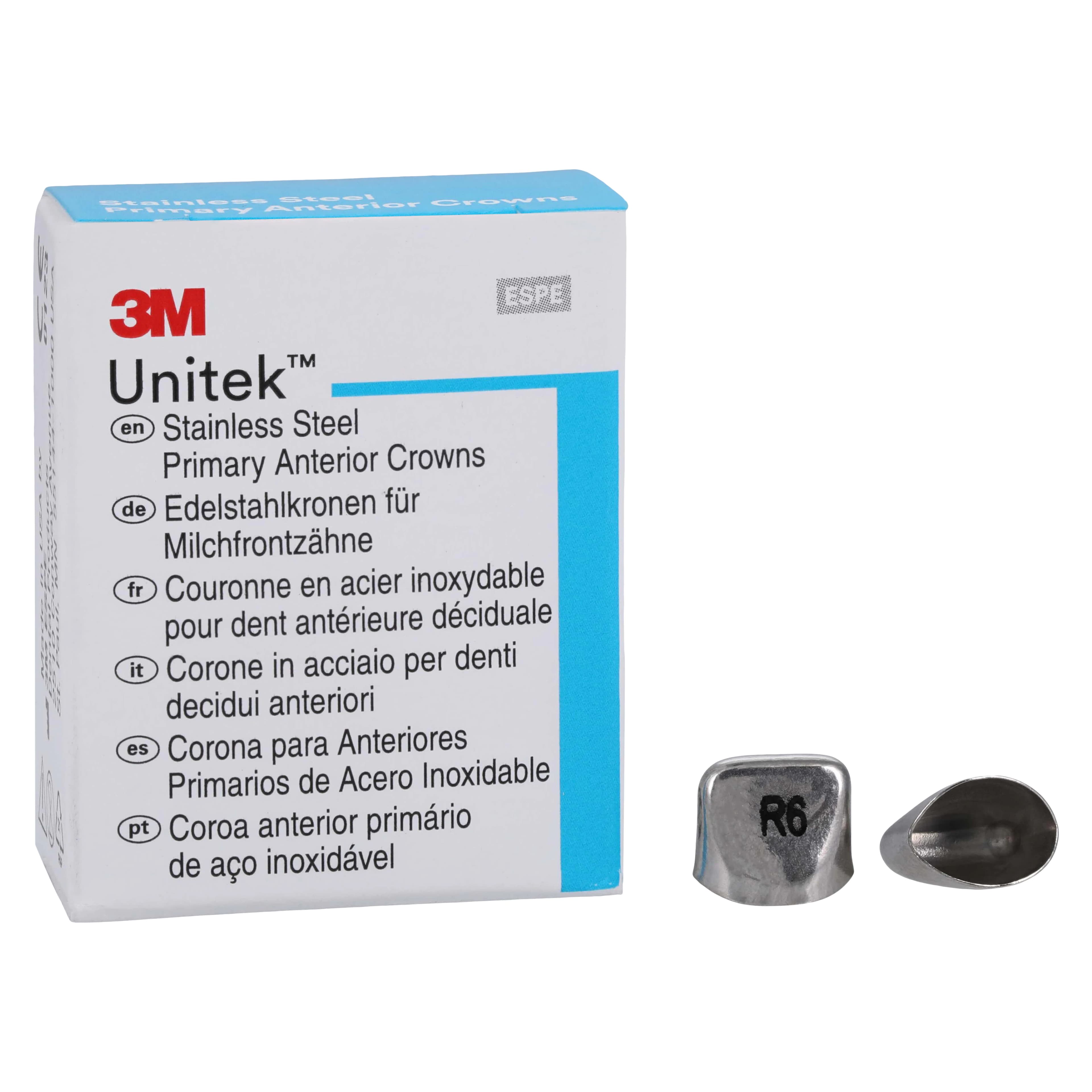 3M Unitek Stainless Steel Primary Anterior Crown, Upper Right Central, Size 6 (URC6), 5/Box, 907016 - 3M Unitek Stainless Steel Primary Anterior Crowns Upper Right Central Size 6 5Bx - Image 1