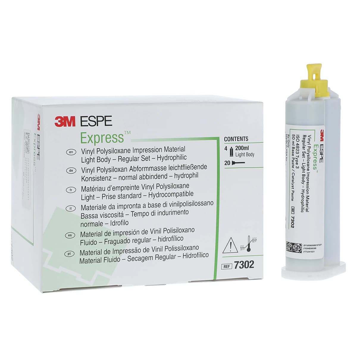 3M Express VPS Impression Material, Light Body, Regular Set, Green, Refill Pack, 4 x 50ml Cartridges with 20 Mixing Tips, 7302 - Express VPS Impression Material Light Body Regular Set Refill 4Pk - Image 1