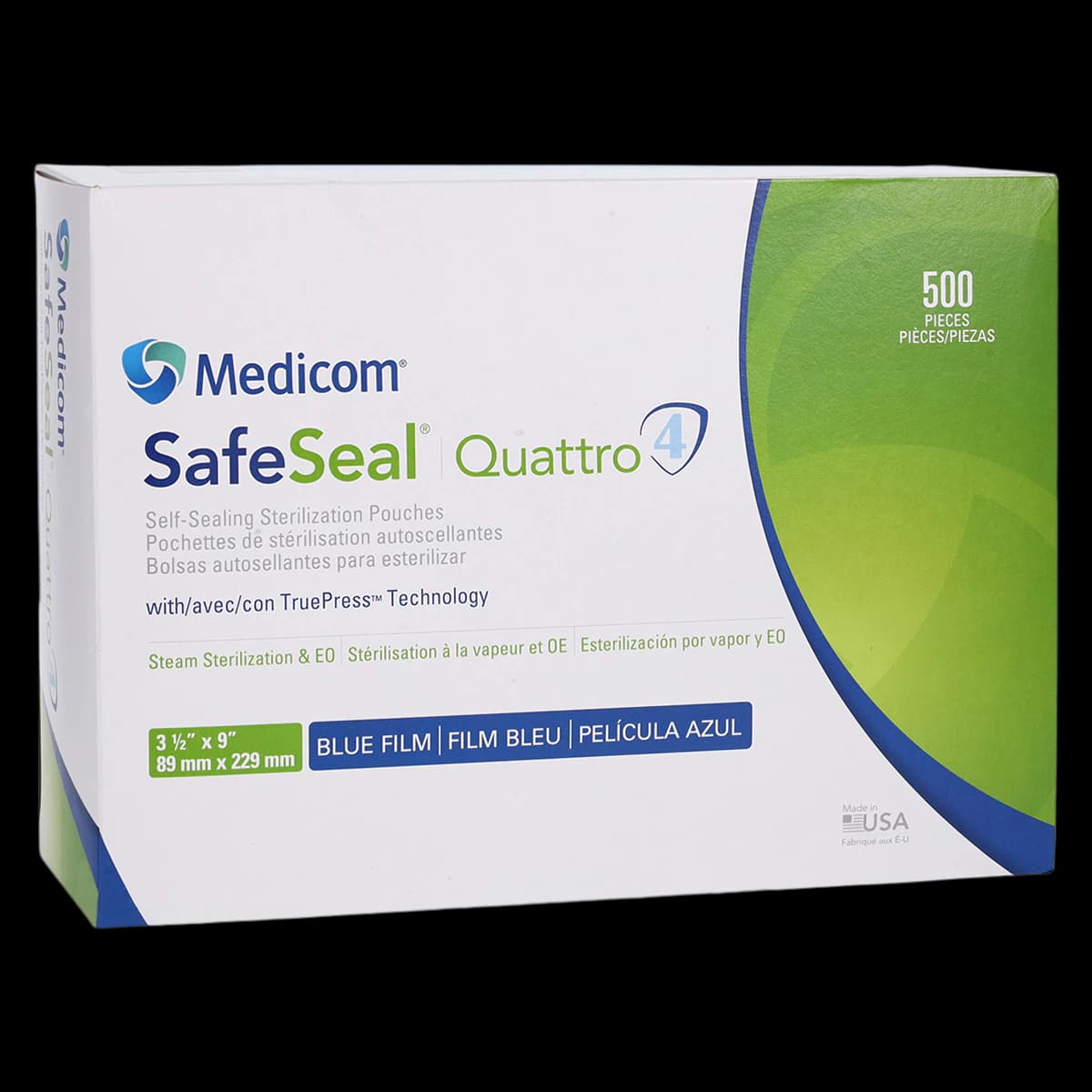 Medicom SafeSeal Quattro Self-Sealing Sterilization Pouches, 3-1/2" x 9", Blue Film, 500/Box, 88010-4B - SafeSeal Quattro 3.5" x 9" Bulk Box of 500 - Image 1