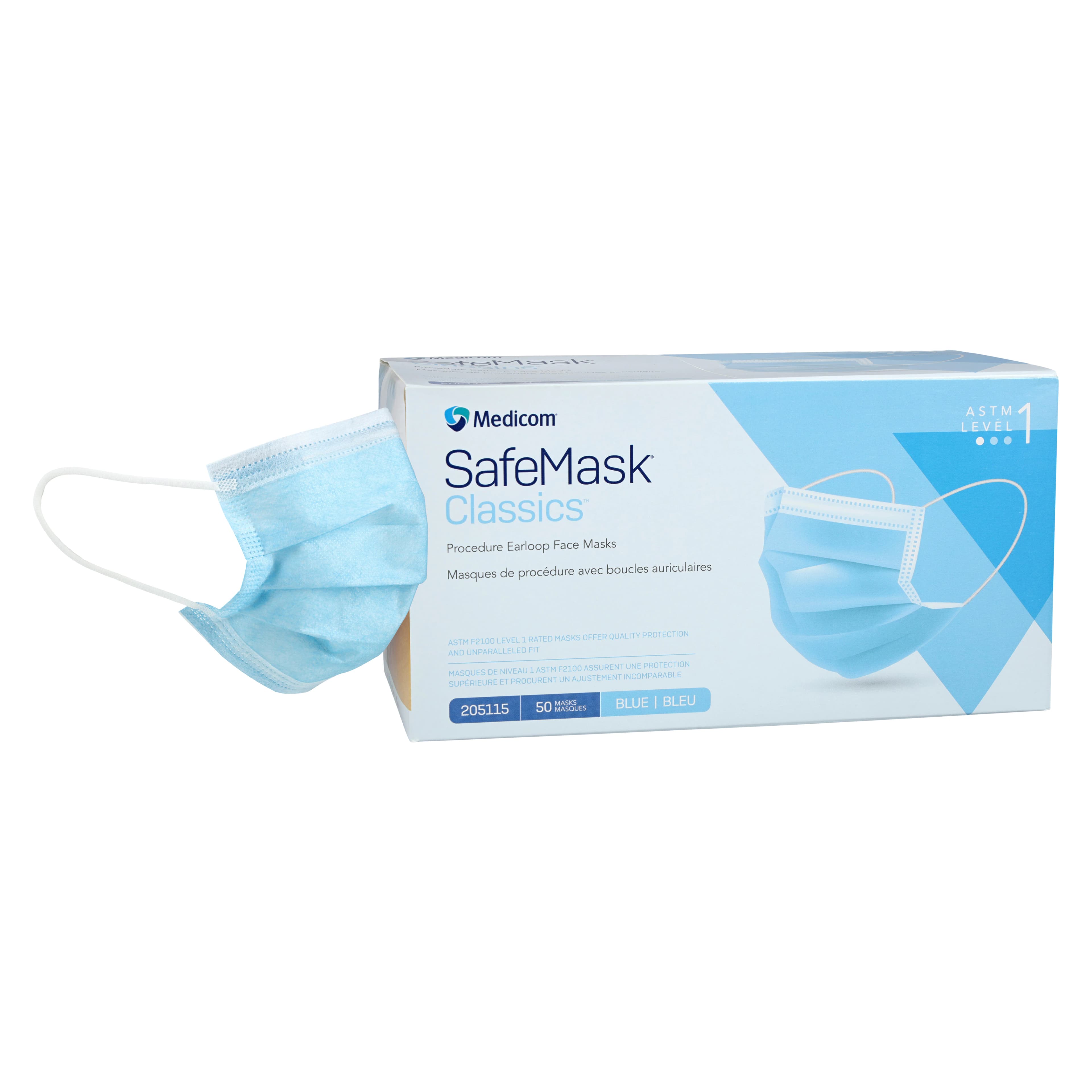 SafeMask® Classics™ Procedure Earloop Face Mask, ASTM Level 1, Blue, 50/Box, 205115 - SafeMask® Classics™ Procedure Face Mask ASTM Level 1 Blue Box of 50 - Image 1