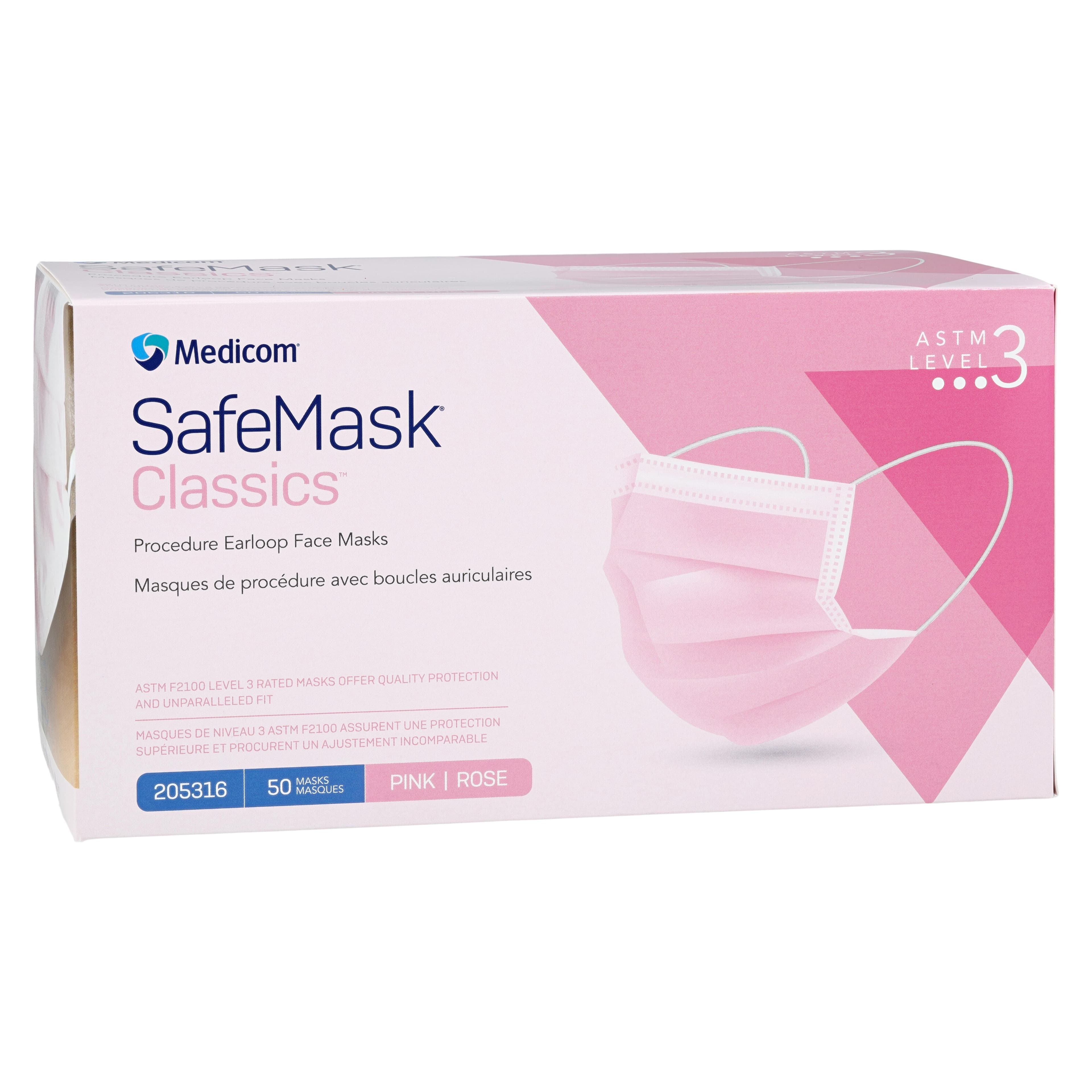 SafeMask® Classics™ Procedure Earloop Face Mask, ASTM Level 3, Pink, 50/Box, 205316 thumbnail 3