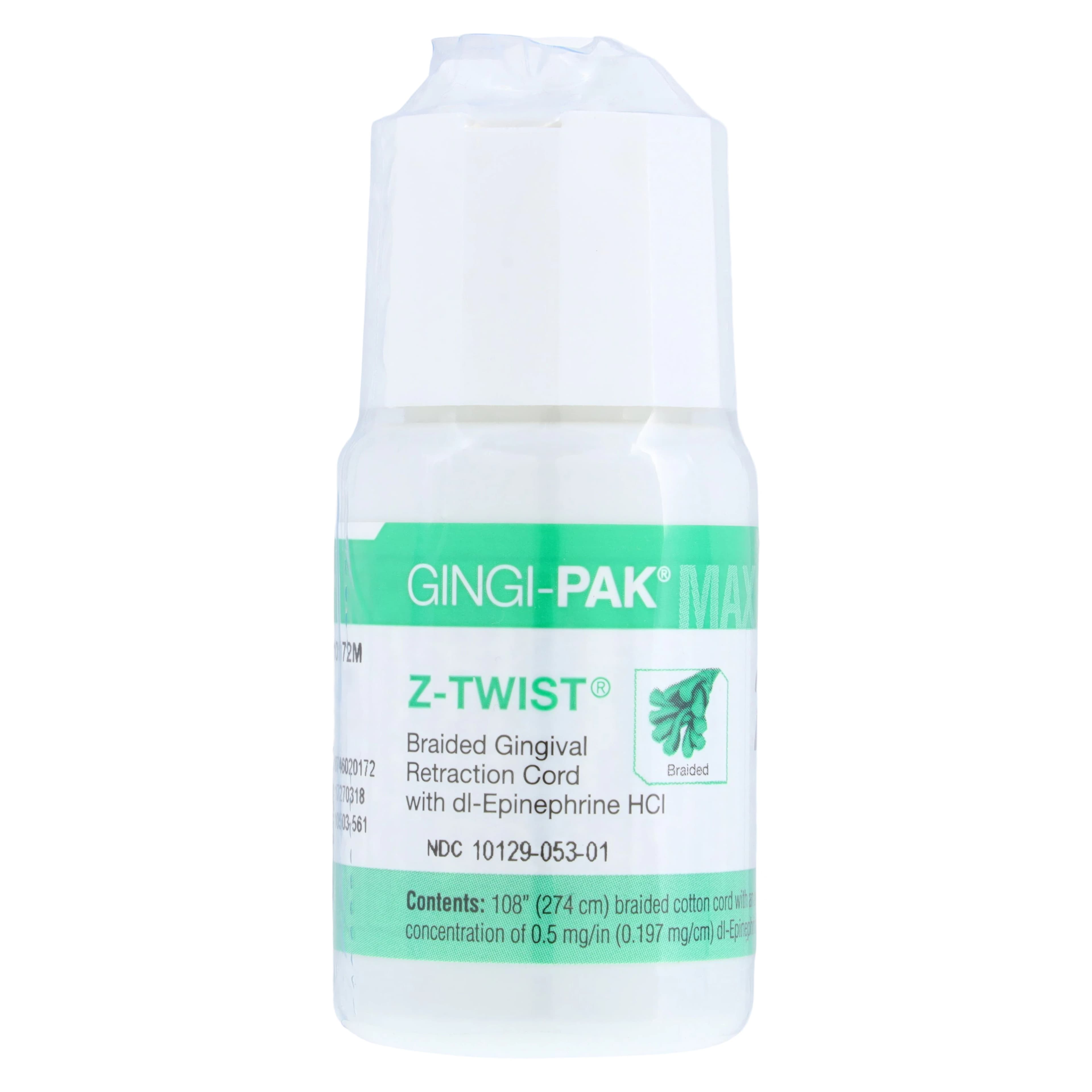 Gingi-Pak Max Z-Twist Weave Medicated Retraction Cord with DL-Epinephrine HCl, #2 Medium, 100% Cotton, 108" Bottle, 10172M - Gingi-Pak® Max Z-Twist® Retraction Cord with DL-Epinephrine HCl - Image 1