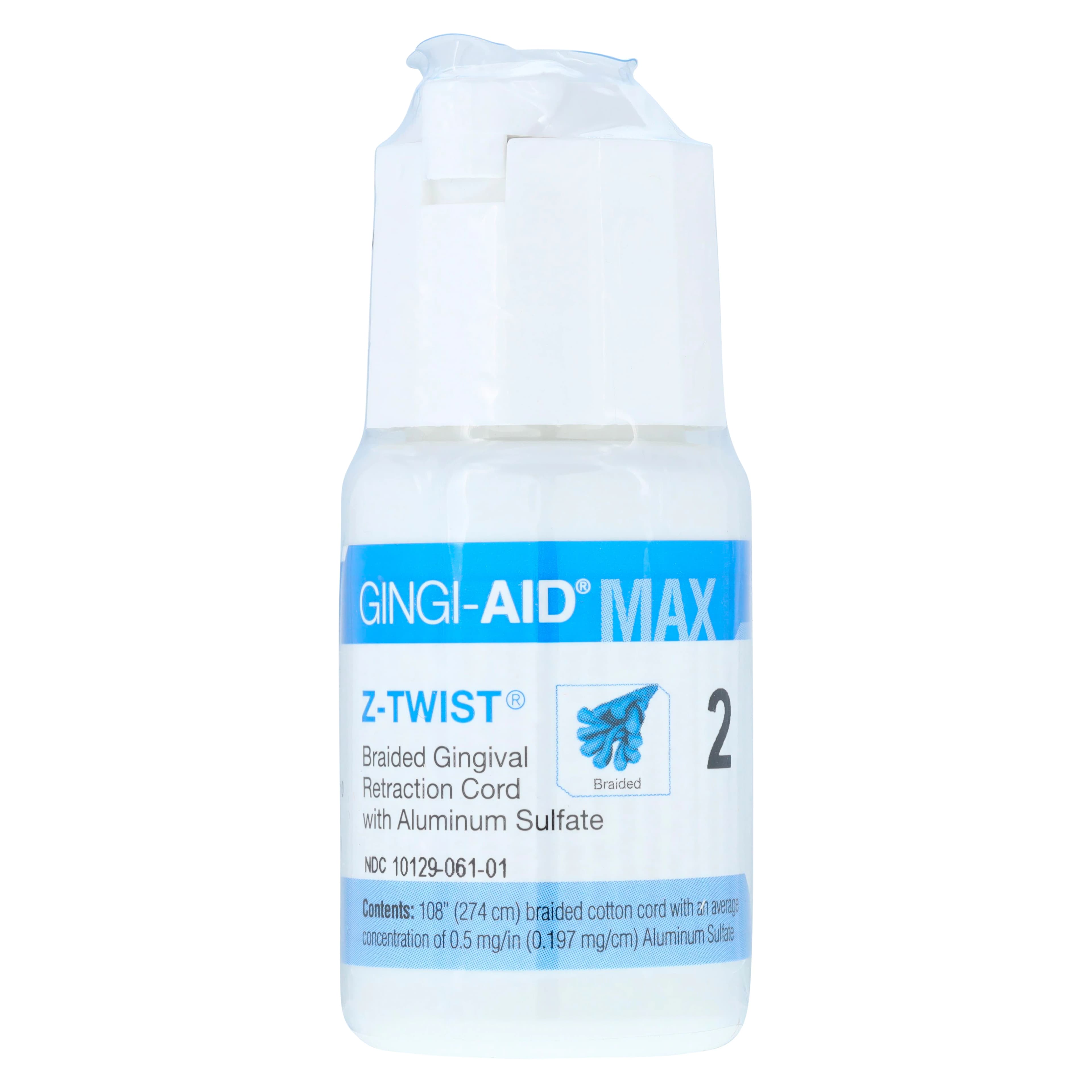 Gingi-Aid Max Z-Twist Weave Retraction Cord with Aluminum Sulfate, #2 Medium, 100% Cotton, 108" per Bottle, 12172M - Gingi-Aid Max Z-Twist Weave Retraction Cords, with Aluminum Sulfate, # 2, Medium, 1/Pk - Image 1