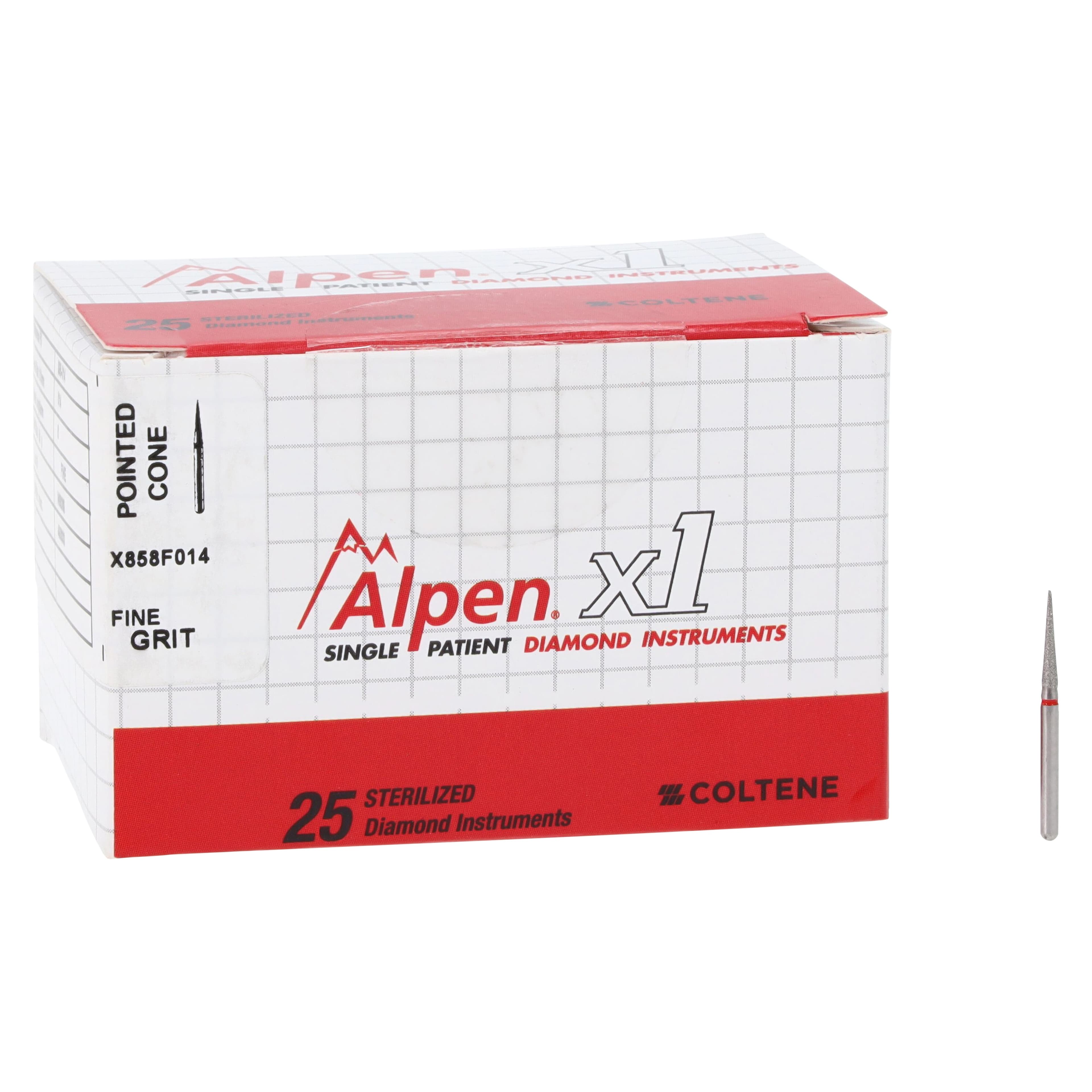 Alpen X1 Diamond Single-Use Burs, FG, #858-014F, Cone Pointed End, Fine, Red, 1.4 mm, 25/Pk, X858F014 thumbnail 4