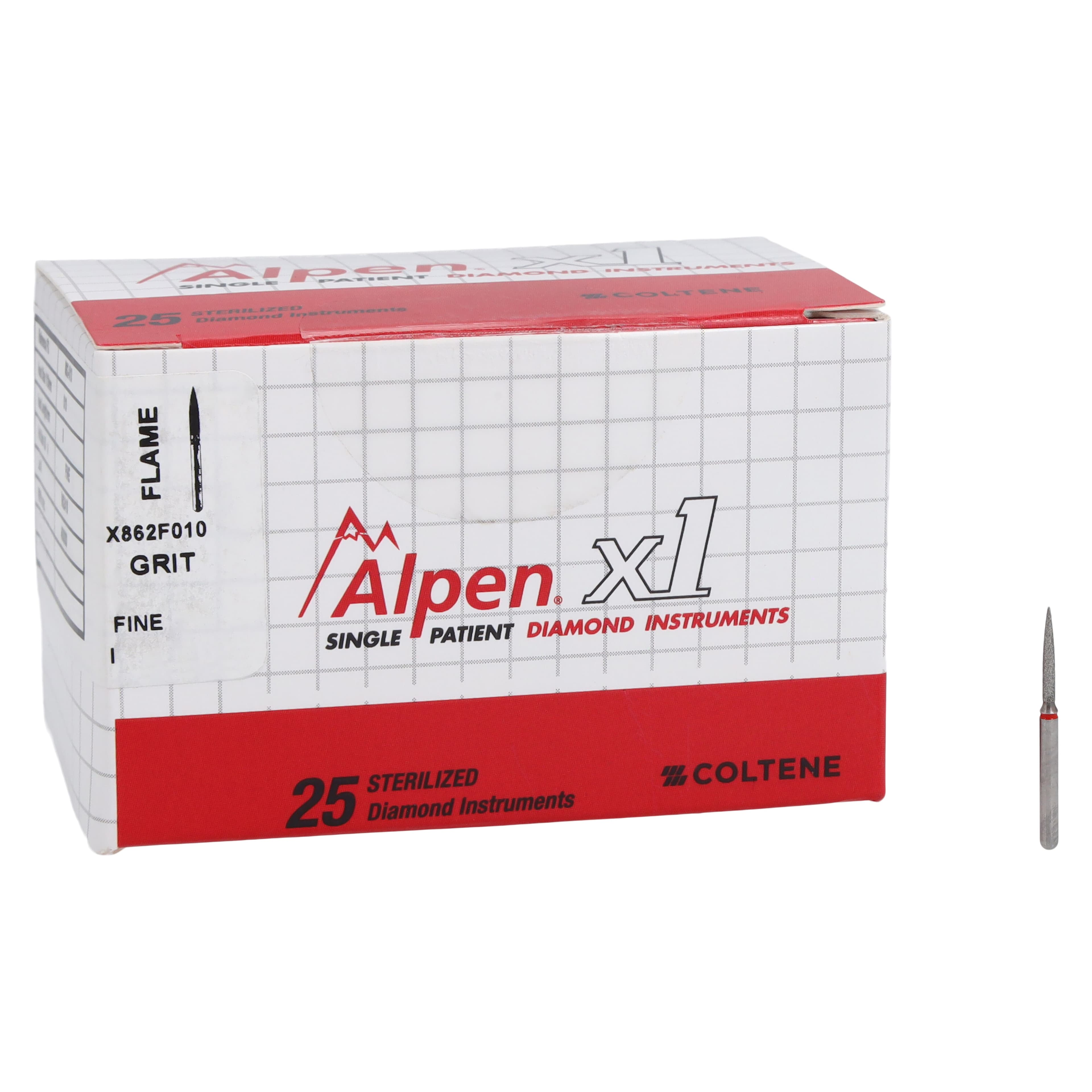 Alpen x1 Single-Use Diamond Bur, FG, Flame #862, Fine Grit, 1.0 mm Diameter, 8.0 mm Length, Red, 25/Pkg, X862F010 thumbnail 4