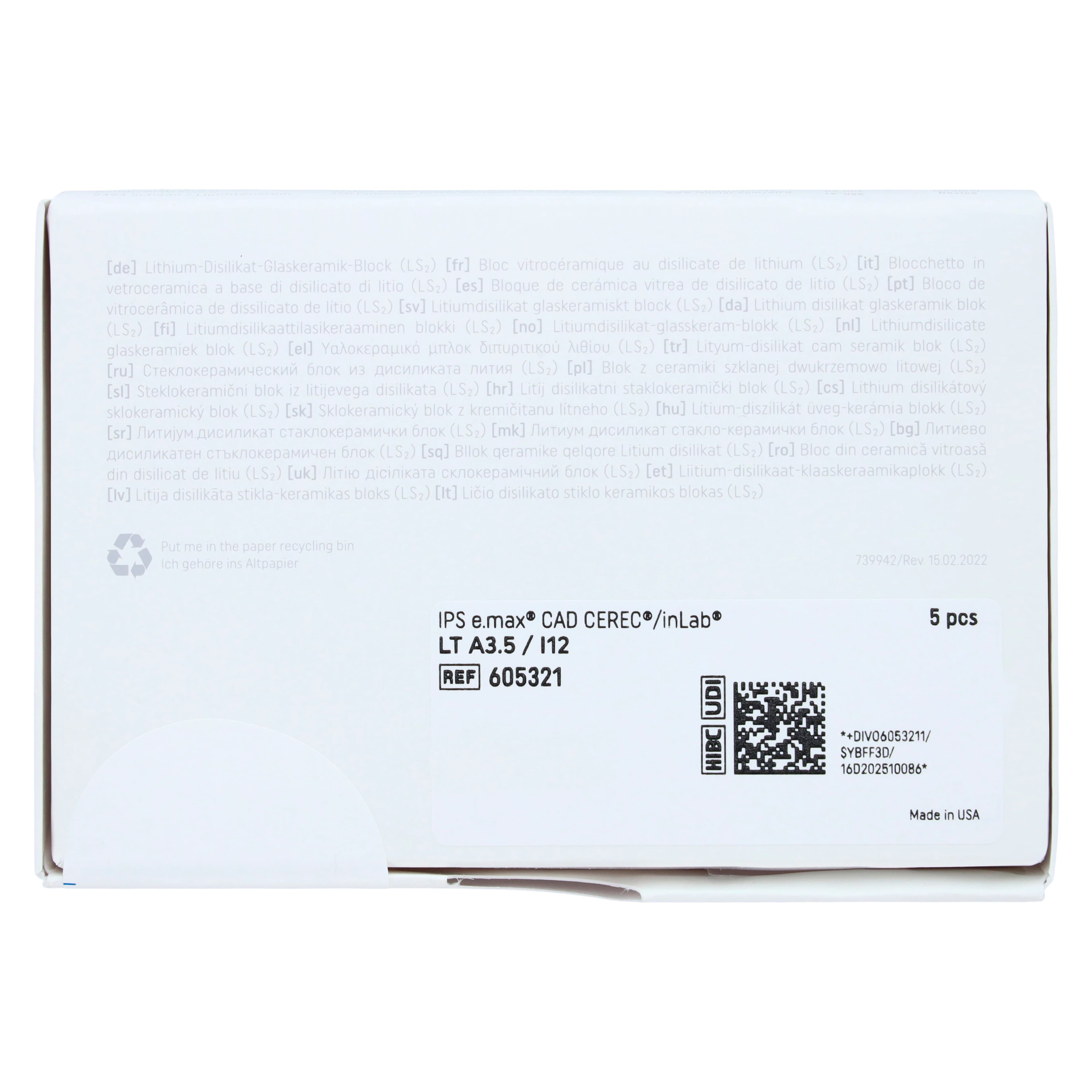 IPS e.max CAD CEREC/inLab LT Milling Block, Shade A3.5, Size I12, Low Translucency, 5/Box thumbnail 5