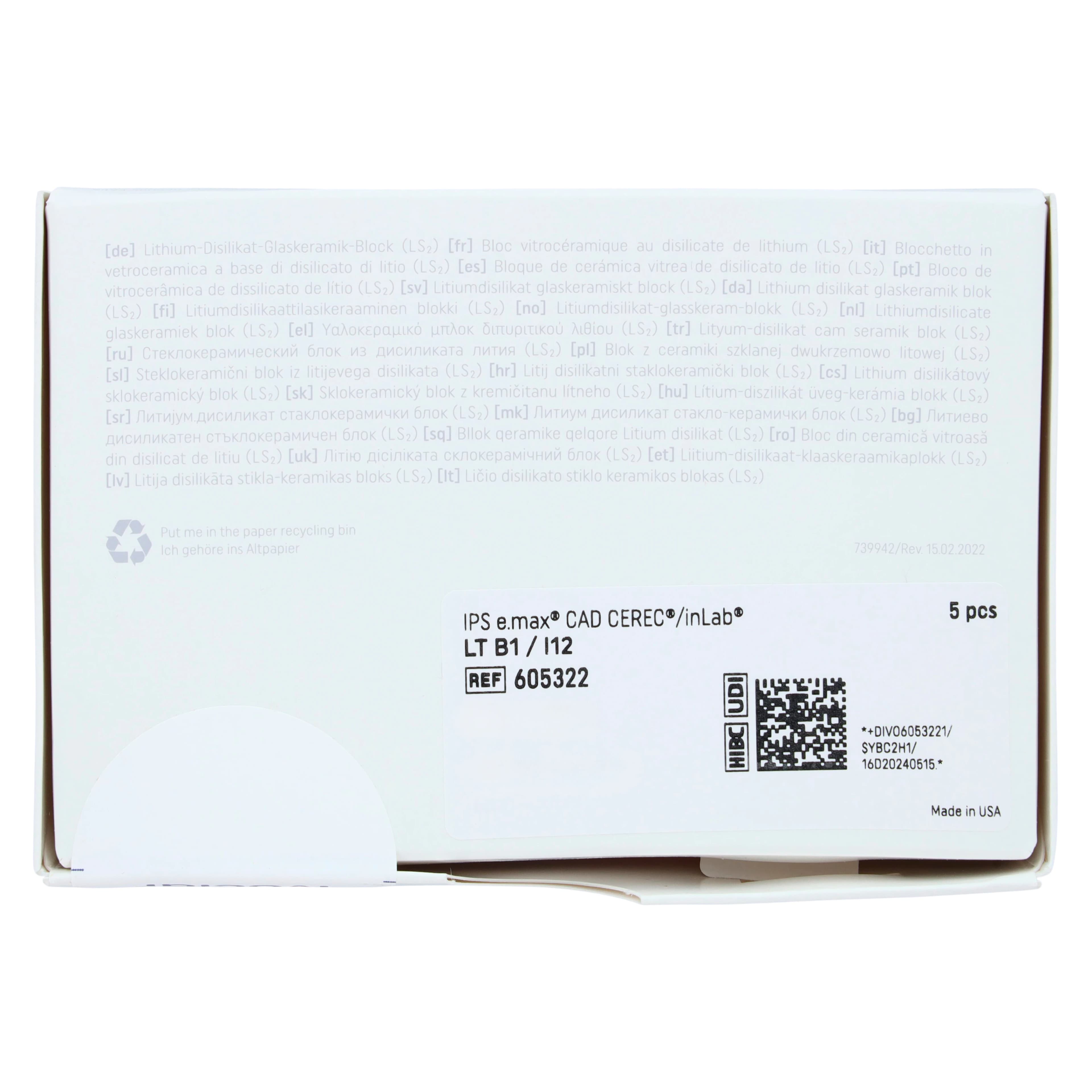 IPS e.max CAD CEREC/inLab LT Milling Block, Shade B1, Size I12, Low Translucency, 5/Pkg thumbnail 5