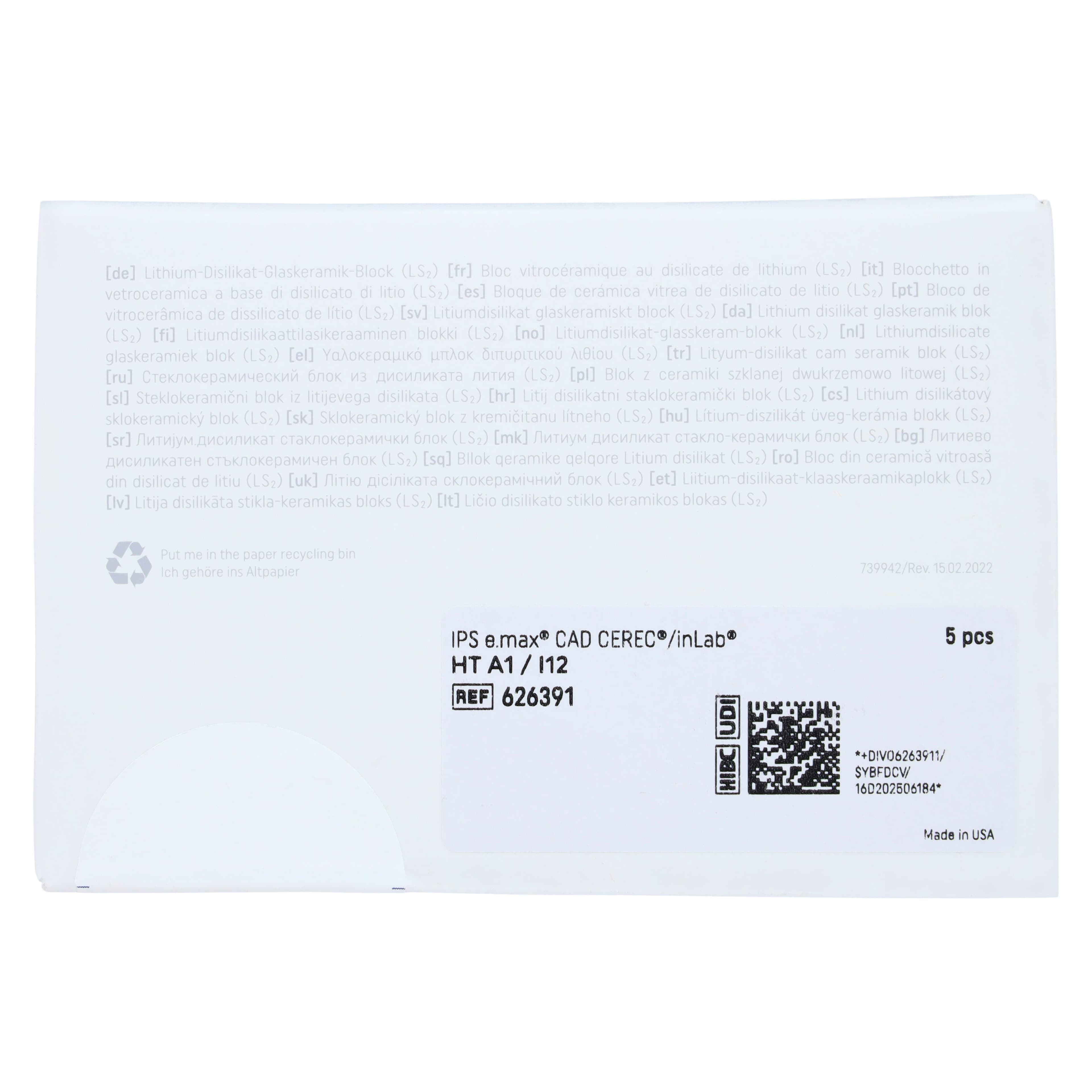 IPS e.max CAD HT CEREC/inLab Milling Block, Shade A1, Size I12, 5/Pkg thumbnail 7