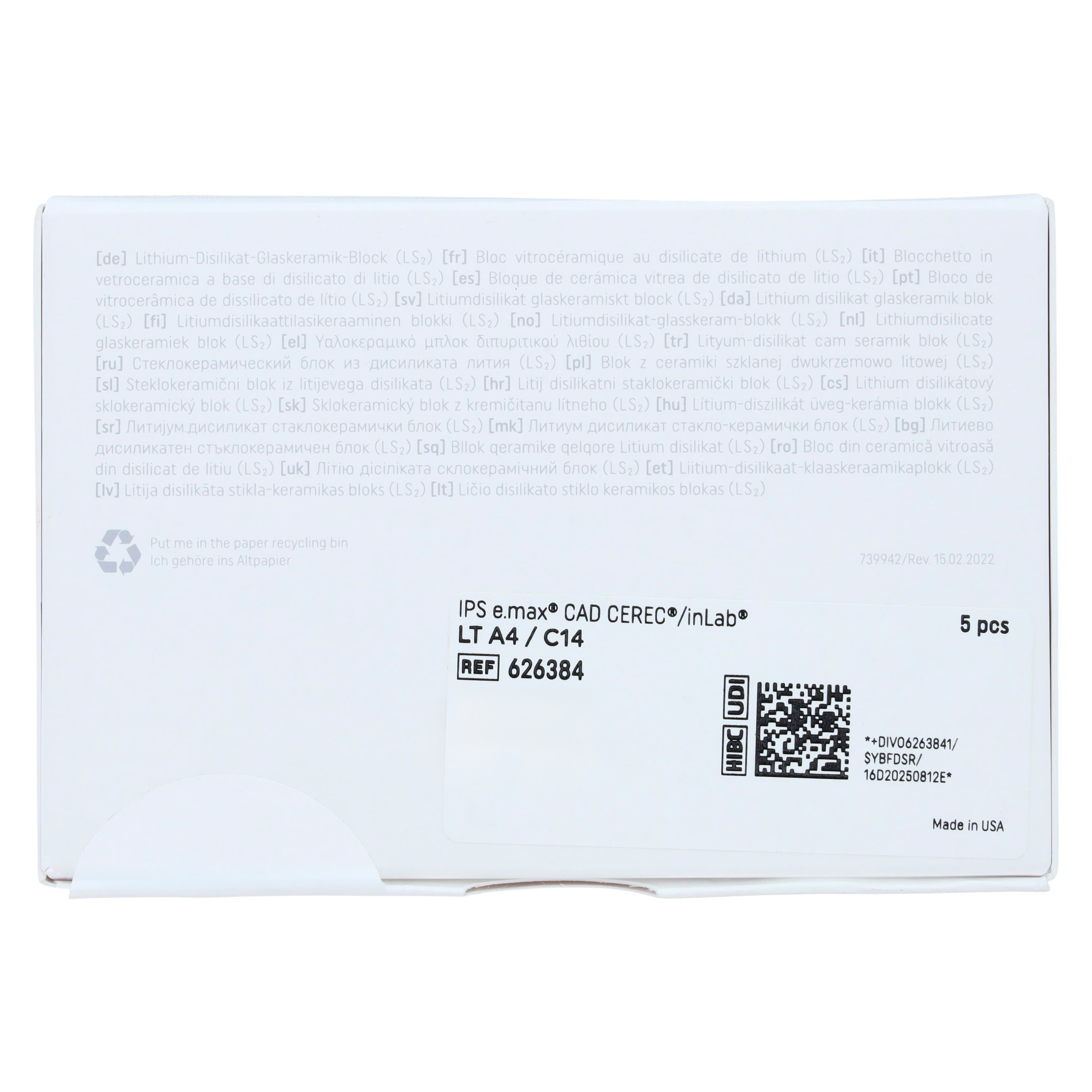 IPS e.max CAD LT (Low Translucency) Milling Blocks, Shade A4, Size C14, for CEREC/inLab, 5/Pkg thumbnail 5