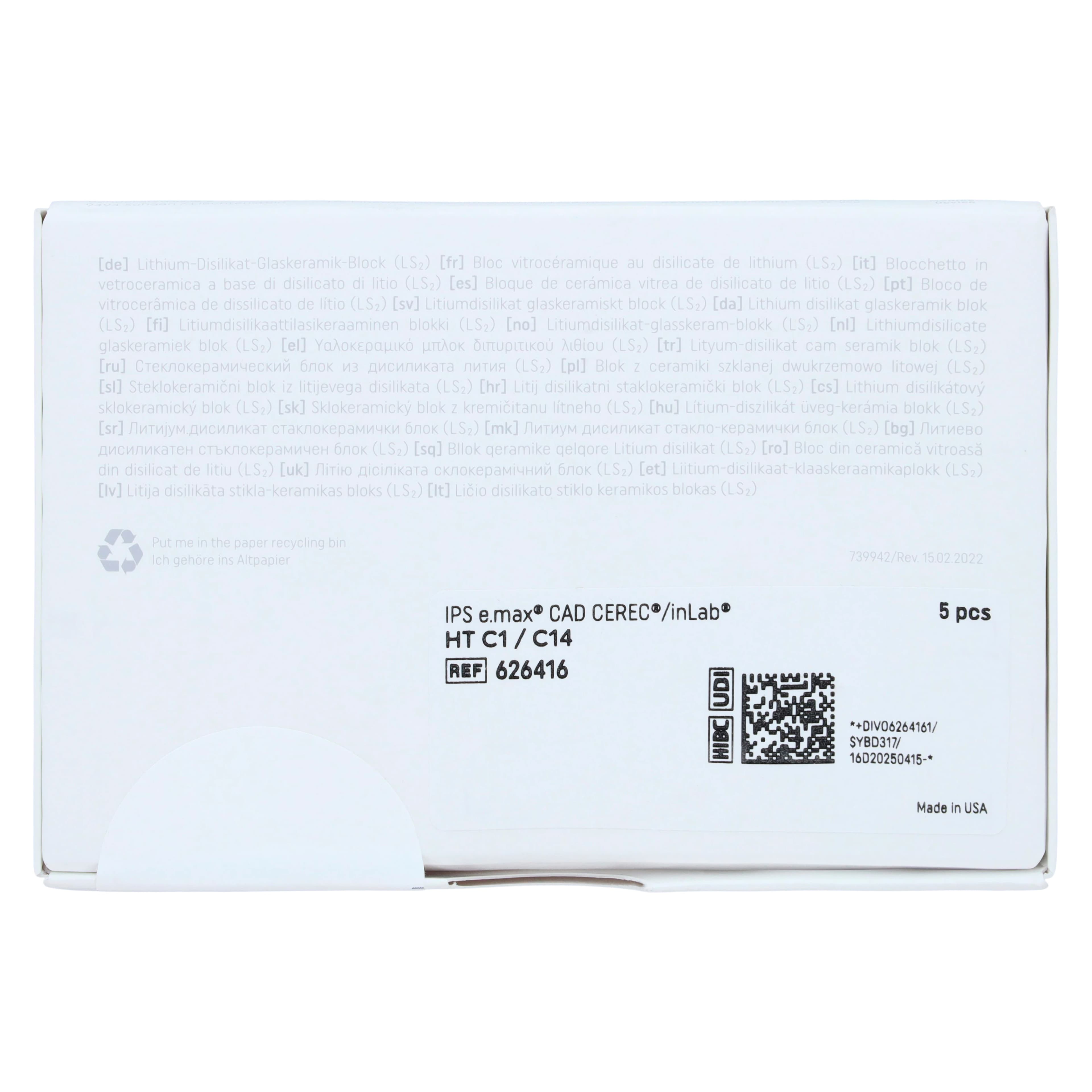 IPS e.max CAD HT CEREC/inLab Milling Block, Size C14, Shade C1, High Translucency, 5/Pkg thumbnail 5
