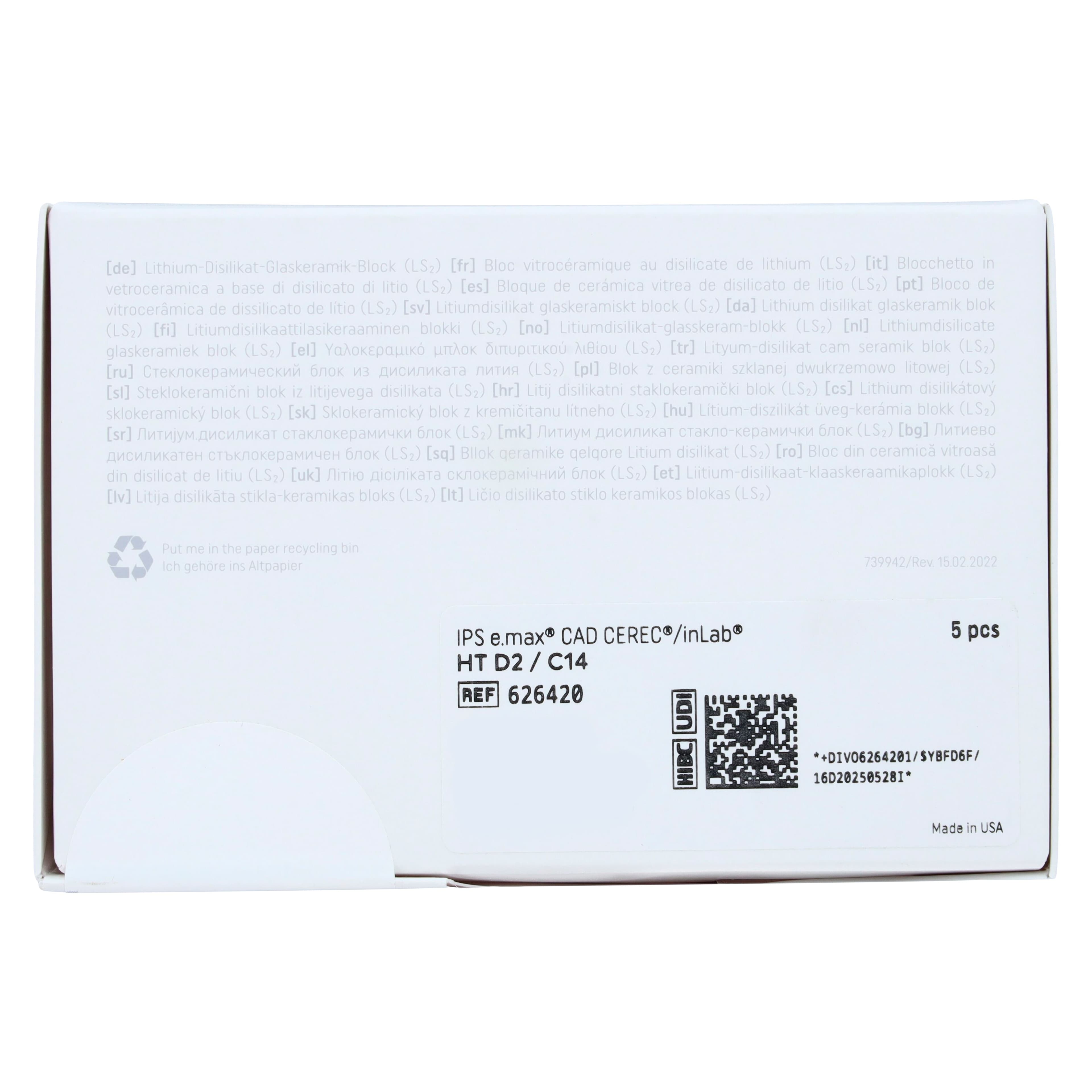 IPS e.max CAD HT (High Translucency) Lithium Disilicate Milling Block, Shade D2, Size C14, for CEREC/inLab, 5/Pkg thumbnail 5