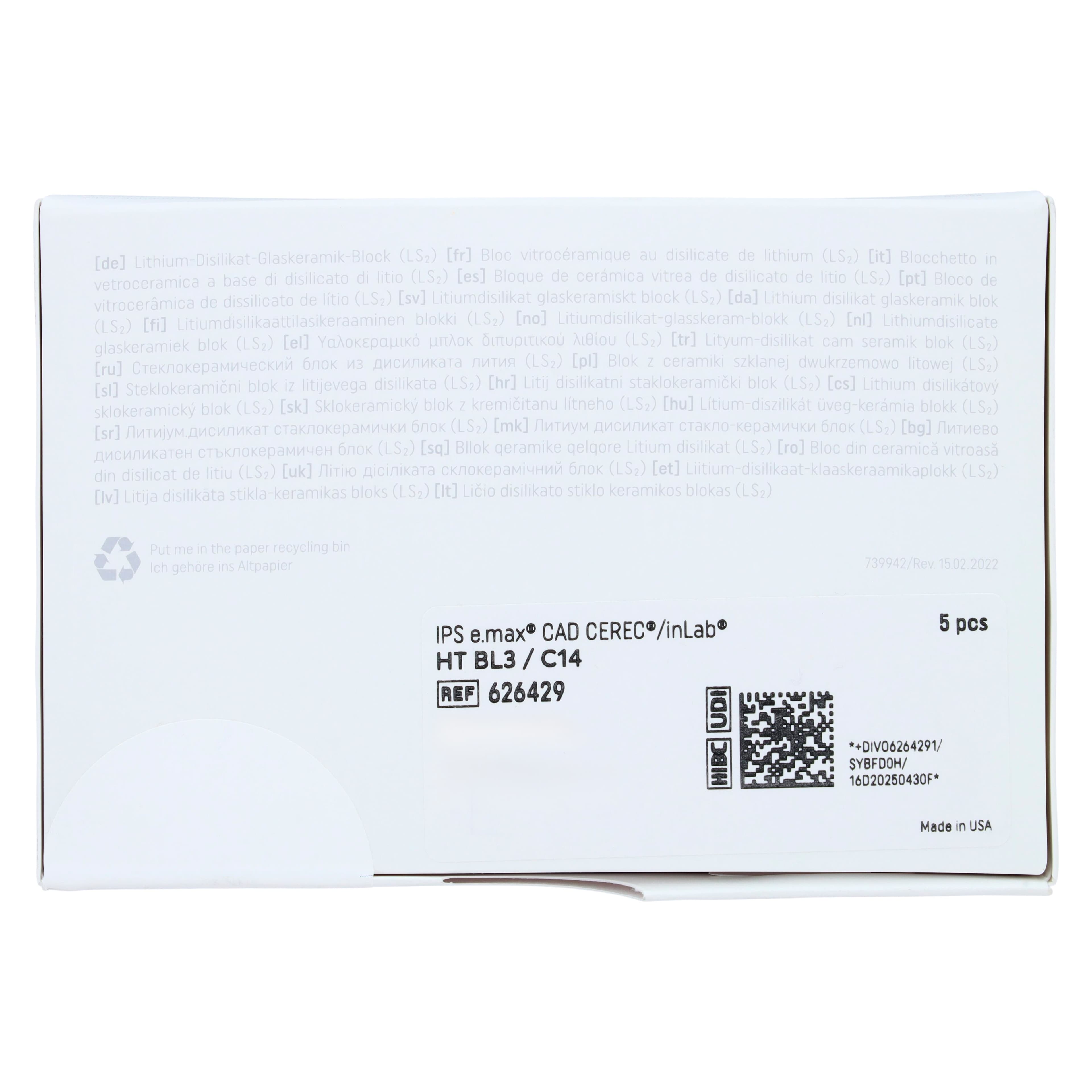 IPS e.max CAD HT (High Translucency) Lithium Disilicate Milling Block, Shade BL3, Size C14, for CEREC/inLab, 5/Box thumbnail 5