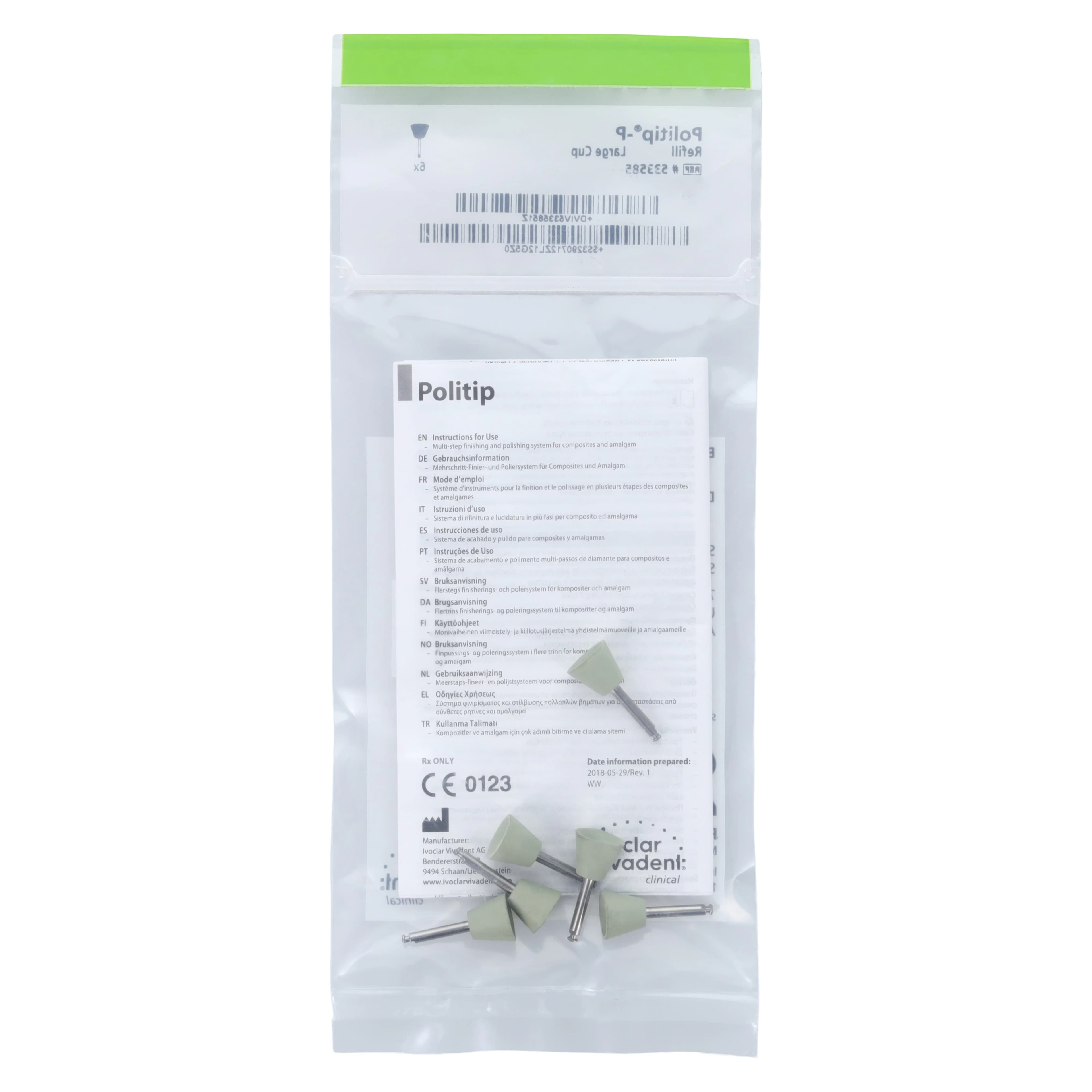 Ivoclar Vivadent Politip-P Polishers, Green, Large Cup, 6/Pkg, 533585 - Politip Finishers and Polishers - Image 1