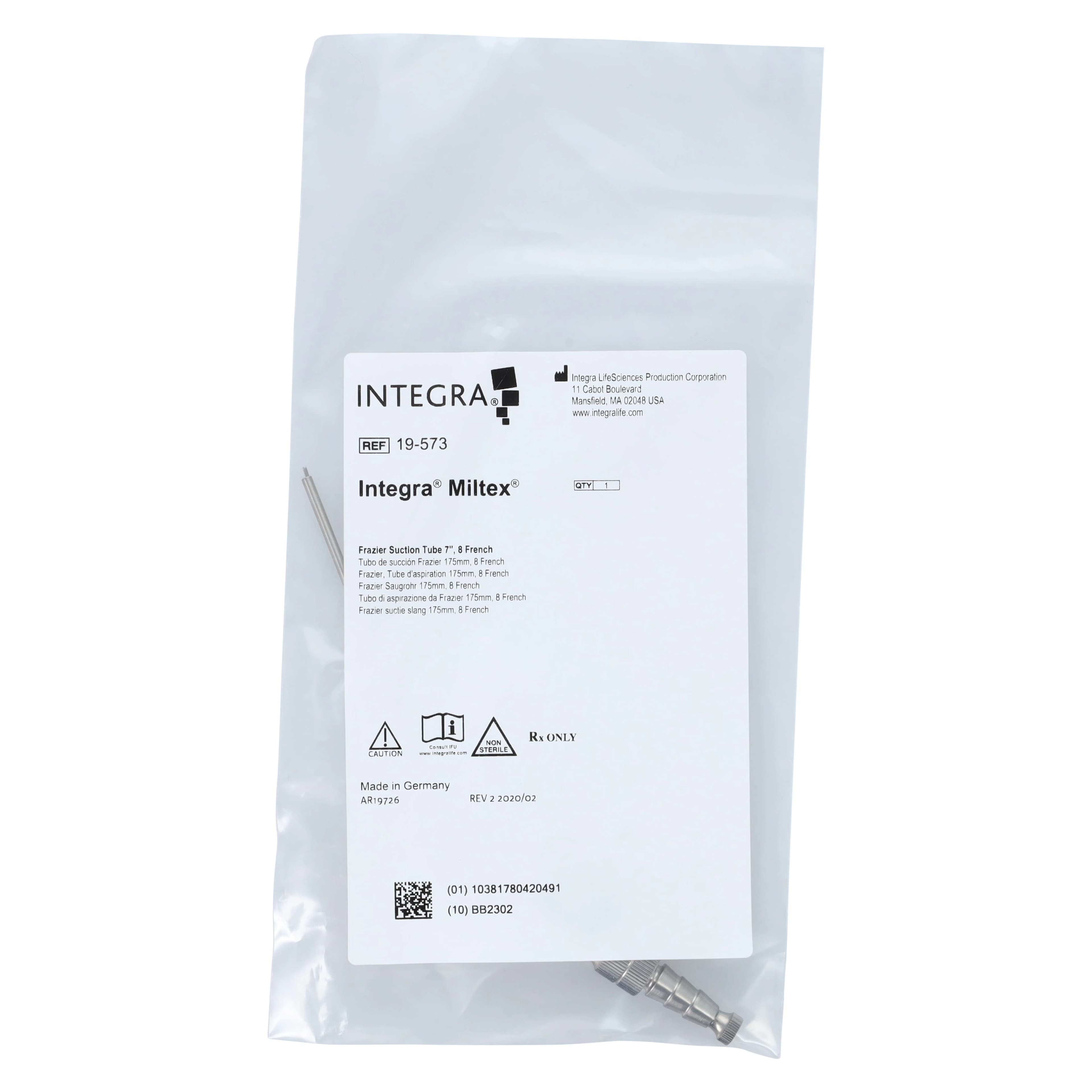 Integra Miltex Frazier Suction Tube 8FR, 145° Angle, Stainless Steel, 187.5mm, Autoclavable, 19-573 thumbnail 7