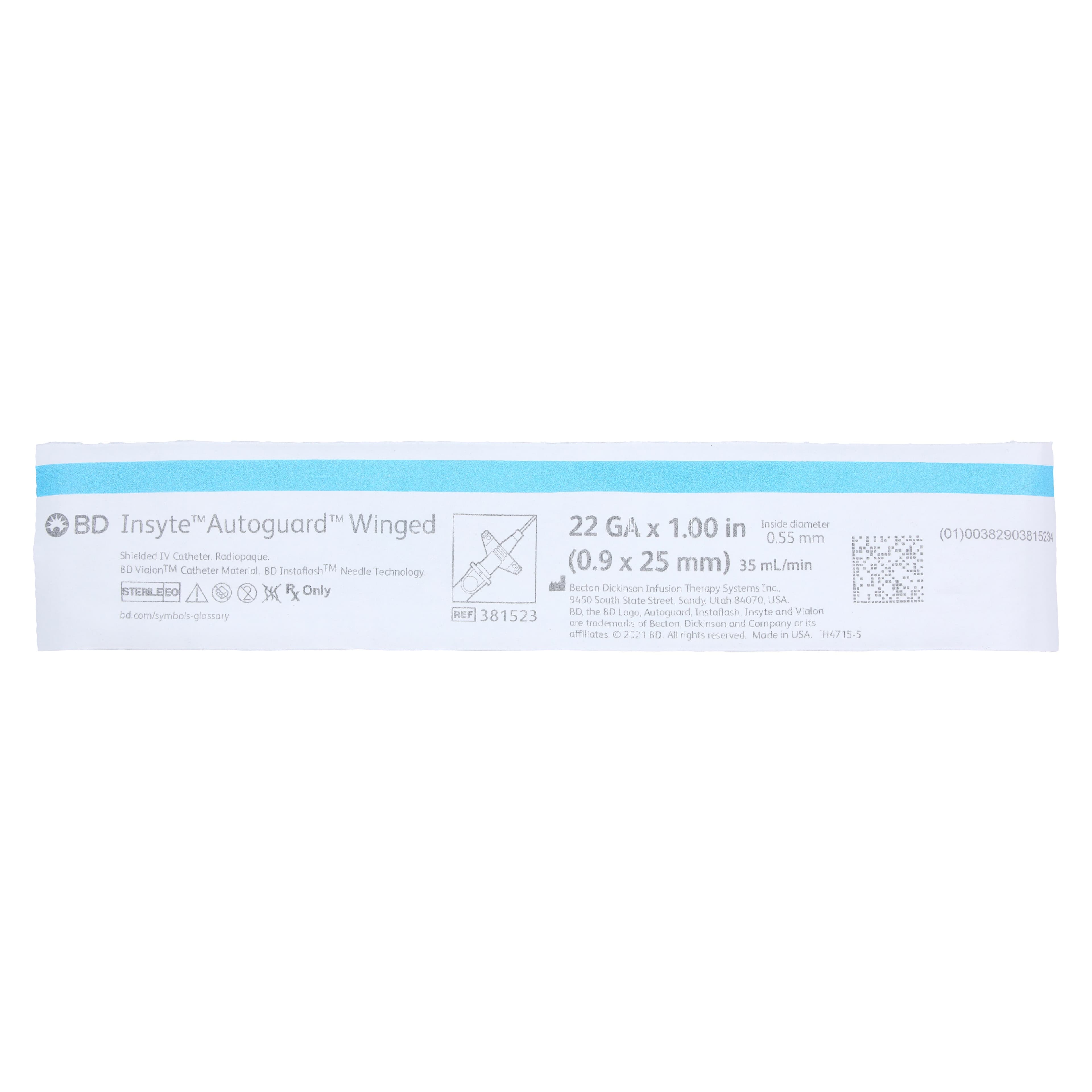 BD Insyte Autoguard Shielded IV Catheter, 22G x 1", Blue, Winged, Notched Needle, 50/Bx, 381523 thumbnail 6