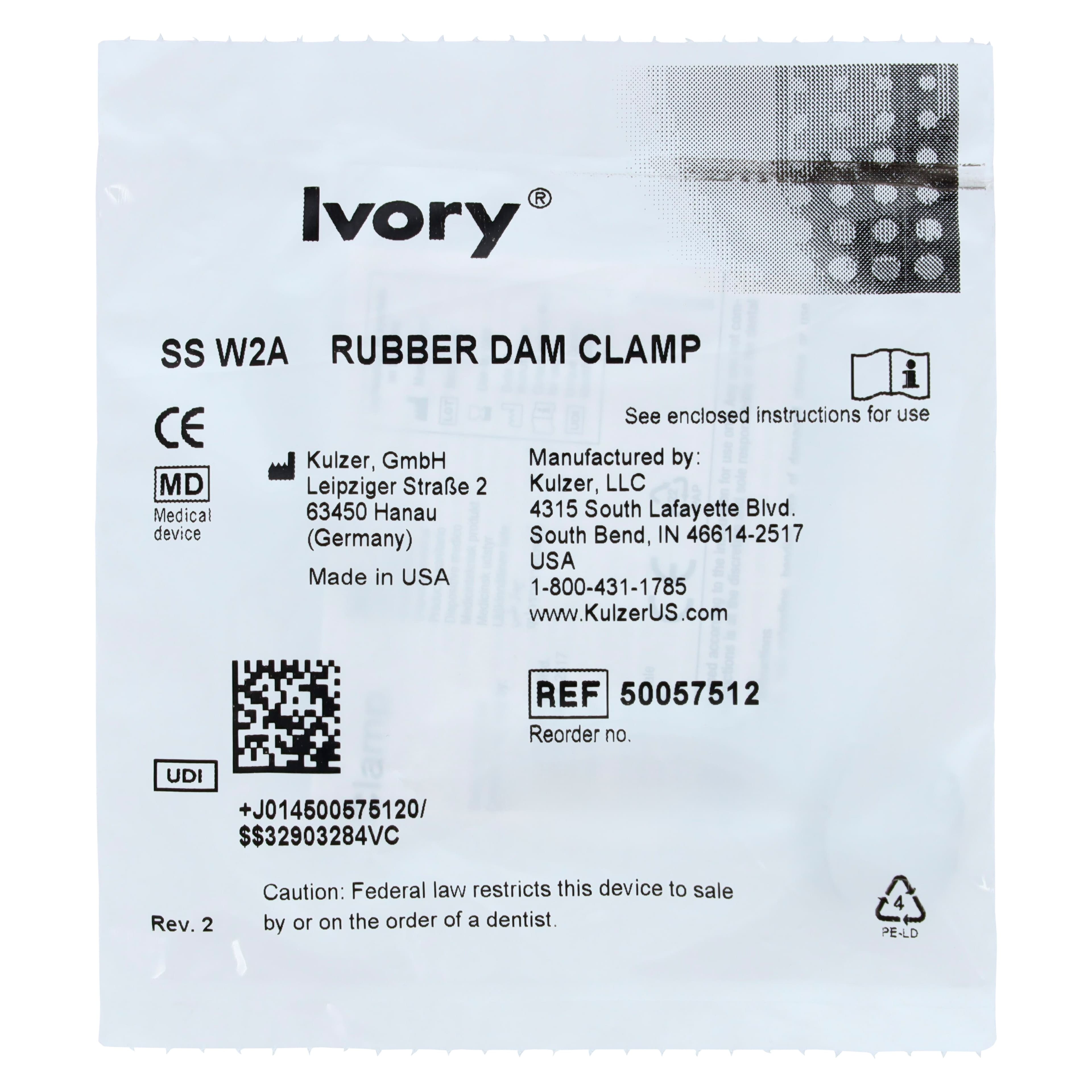 Ivory Stainless Steel Rubber Dam Clamp, Wingless, #W2A, Bicuspid/Premolar, 50057512 thumbnail 3