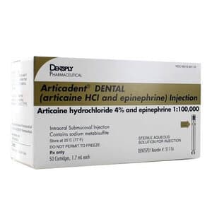 Articadent 4% Articaine HCl with Epinephrine 1:100,000 Dental Anesthetic Cartridges, 1.7 mL, Box of 50 - ARTICAINE HCL 4% 1:100,000 ARTICADENT BX/50 - Image 1