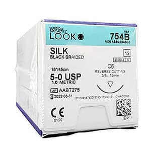LOOK™ Sharpoint™ Silk Black Braided Non-Absorbable Suture, 5-0, 18" (45 cm), C-6 Reverse Cutting Needle, 3/8 Circle, 12/Box, 754B thumbnail 6