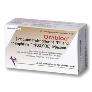 Orabloc 4% Articaine HCl with Epinephrine 1:100,000 Dental Anesthetic, 1.8 mL Cartridges, Box of 50 - Orabloc Articaine 1:100M 1.8mL (50) - Image 1