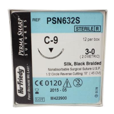 Hu-Friedy Perma Sharp Silk Black Braided Suture, 3-0, 18", C-9 Reverse Cutting 1/2 Circle Needle, 12/Box, PSN632S thumbnail 14