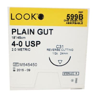 Look Plain Gut Absorbable Suture, 4-0, 18"/45 cm, C31 Reverse Cutting Needle, 24 mm 1/2 Circle, 12/Pk, 599B thumbnail 6