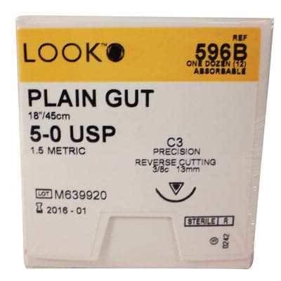 Look Plain Gut Absorbable Suture, 5-0, 18"/45 cm, C3 Precision Reverse Cutting Needle, 13 mm 3/8 Circle, 12/Pk, 596B thumbnail 13