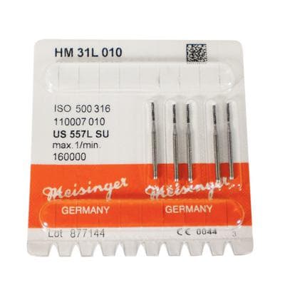 Meisinger Tungsten Carbide Bur HM31L-010, Straight Fissure Cross Cut, FG Extra Long (Surgical) Shank, 1.0 mm Head Diameter, 6.3 mm Head Length, 21 mm Shank Length, #557L, 5/Pkg thumbnail 6