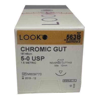 Look Chromic Gut Absorbable Suture, 5-0, 18"/45 cm, C17 Reverse Cutting Needle, 3/8 Circle, 12/Pk, 563B thumbnail 12