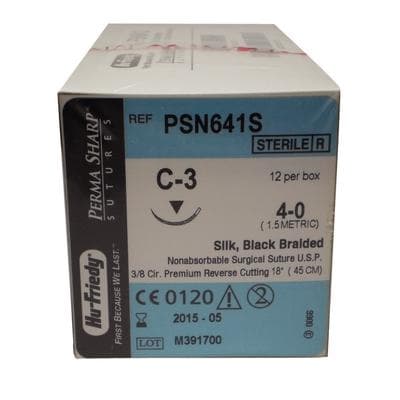 Hu-Friedy Perma Sharp Silk Black Braided Non-Absorbable Suture, 4-0, 18", C-3 Premium Reverse Cutting 3/8 Circle Needle, 12/Box, PSN641S thumbnail 11