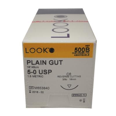 Look Plain Gut Absorbable Suture, 5-0, 18" (45 cm), C-6 Reverse Cutting Needle, 19 mm, 3/8 Circle, Beige, 12/Box, 500B thumbnail 12