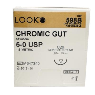 Look Chromic Gut Absorbable Suture, 5-0, 18"/45 cm, C26 Reverse Cutting 1/2 Circle 15 mm Needle, 12/Pk, 598B thumbnail 10