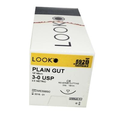 Look Plain Gut Absorbable Suture, 3-0, 18", C-6 Reverse Cutting Needle, 19 mm 3/8 Circle, Beige, 12/Box, 592B thumbnail 16