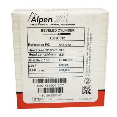 Alpen x1 Single-Use Diamond Bur, FG, Beveled Cylinder #885-012, Coarse, Green, 1.2 mm x 8.0 mm, 25/Pk thumbnail 7