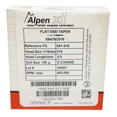 Alpen X1 Single-Use Diamond Bur, FG, #847-018SC, Tapered Flat End, Super Coarse, Black, 1.8 mm, 25/Pk, X847SC018 thumbnail 17
