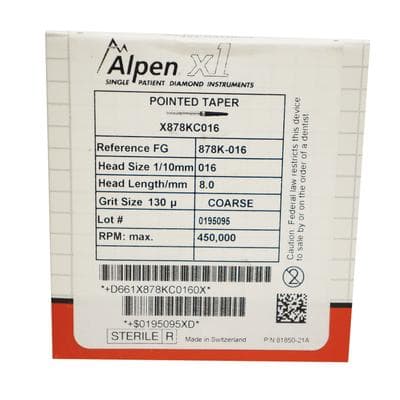 Alpen x1 Sterile Single-Use Diamond Bur, FG, Curettage/Pointed Taper, Coarse, #878K-016, 1.6 mm x 8.0 mm, 25/Pk thumbnail 8