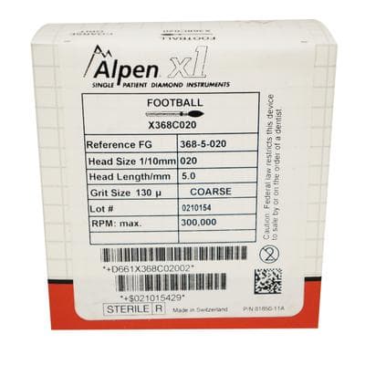 Alpen x1 Sterile Single-Use Diamond Bur, FG, Pointed Football #368, 2.0 mm, Coarse, Green, 25/Pk, X368C020 thumbnail 10
