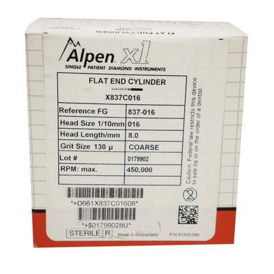 Alpen x1 Single-Use Diamond Bur, FG, Flat End Cylinder #837-016, Coarse, Green, 1.6 mm, 25/Pk, X837C016 thumbnail 8