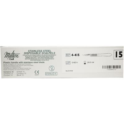 Miltex Disposable Sterile Scalpel, #15 Stainless Steel Blade, Safety Sleeve, 10/Box, 4-415 thumbnail 15