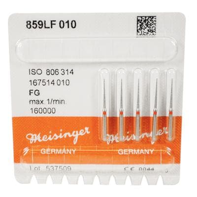Meisinger FG #859LF.010 Fine Needle-Shaped Interproximal Reduction Diamond Bur, 1.0 mm Head, 12 mm Working Length, Red Ring, 5/Pk thumbnail 9