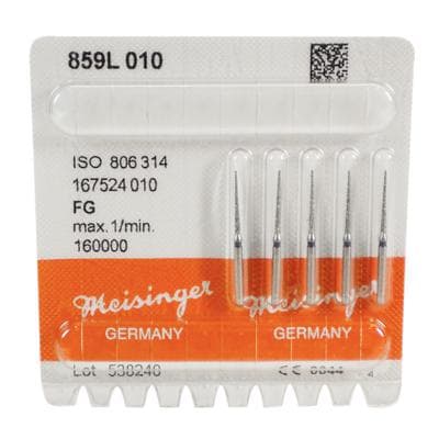 Meisinger FG #859L.010 Medium, Needle Shaped, Interproximal Reduction Diamond Bur, 1.0mm Head, 12mm Working Length, Blue Ring, 5/Pk thumbnail 8