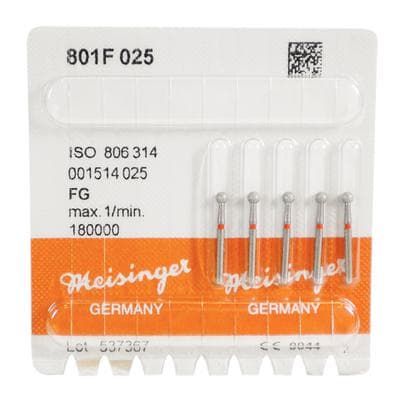 Meisinger 801C-025-FG Diamond Bur, FG, Extra Fine, Yellow Ring, Round Head, 2.5 mm Head Diameter, 5/Pkg thumbnail 6