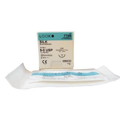 LOOK Sharpoint Silk Black Braided Non-Absorbable Suture, 5-0, 18" (45 cm), C-26 1/2 Circle Reverse Cutting Needle, 12/Box, 779B thumbnail 11