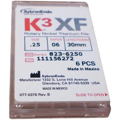 K3XF NiTi Rotary Files, 30 mm, .06 Taper, #25, Red, 6/Pk, 823-6250 thumbnail 9