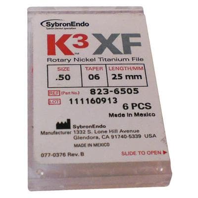 K3 XF NiTi Rotary File, #50/.06 Taper, 25mm, Yellow, 6/Pk, 823-6505 thumbnail 8
