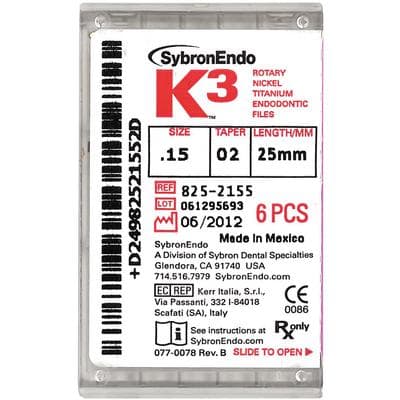 K3 Nickel-Titanium Rotary Endodontic Files, 25 mm, 0.02 Taper, #15, White, 6/Pk, 825-2155 thumbnail 15