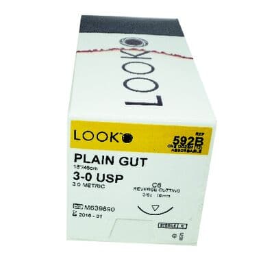 Look Plain Gut Absorbable Suture, 3-0, 18", C-6 Reverse Cutting Needle, 19 mm 3/8 Circle, Beige, 12/Box, 592B thumbnail 18