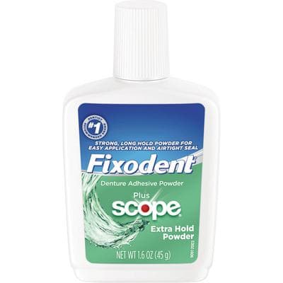 Fixodent Extra Hold Denture Adhesive Powder Plus Scope, 1.6 oz, 24/Case, 80257609/80362566 thumbnail 9