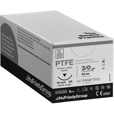 Hu-Friedy Perma Sharp PTFE Monofilament Non-Absorbable Suture, 3-0, White, 18 in, C-6 Reverse-Cutting 3/8 Circle Needle, 12/Box, PSNPTFE1 thumbnail 12