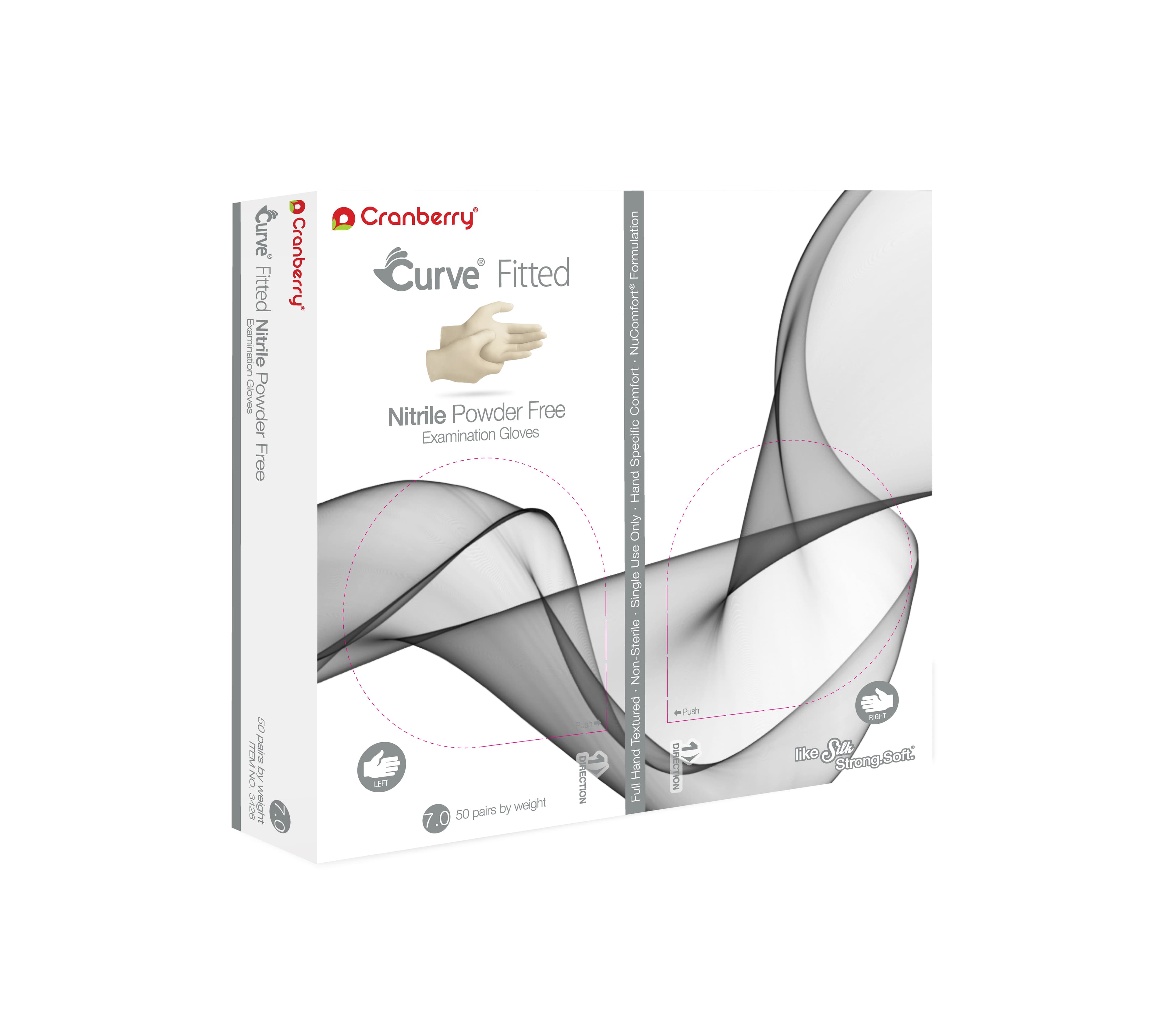 Cranberry Curve Fitted Powder-Free Nitrile Exam Gloves, White, Size 8.5, 100/Box, CR3429 thumbnail 10