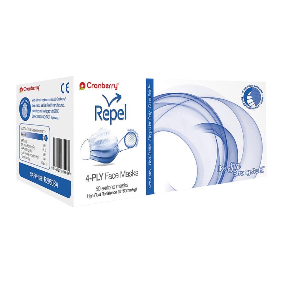 Cranberry Repel 4-Ply Earloop Procedure Face Mask, ASTM Level 3, Sapphire, 50/Box, R2960SA thumbnail 19